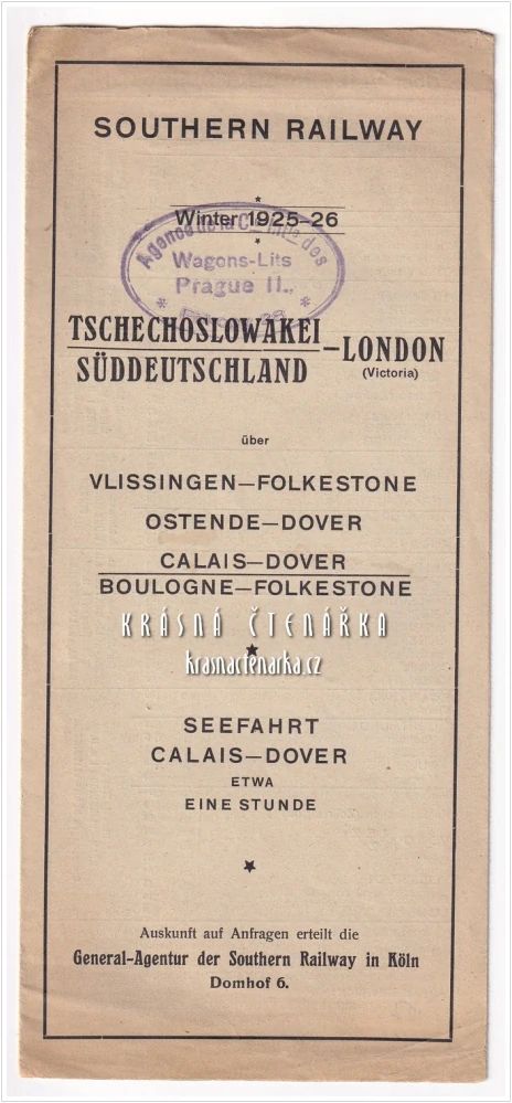 SOUTHERN RAILWAY – TSCHECHOSLOWAKEI–LONDON (VICTORIA) ÜBER SÜDDEUTSCHLAND | Dobový informační leták a jízdní řád britské železniční společnosti Southern Railway pro zimní sezonu 1925–1926, spojení z Československa a jižního Německa do Londýna