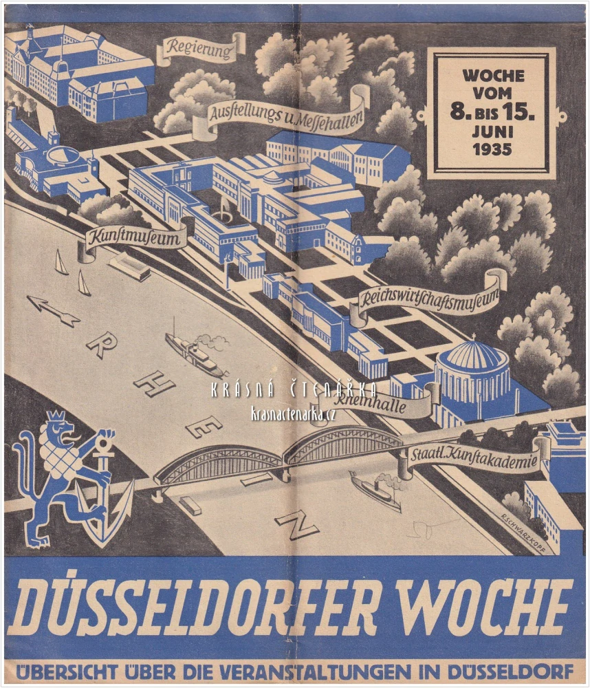 Oficiální programová brožura či turistický průvodce „DÜSSELDORFER WOCHE“ (Düsseldorfský týden) z roku 1935, vydaný pro akce konané v týdnu od 8. do 15. června 1935