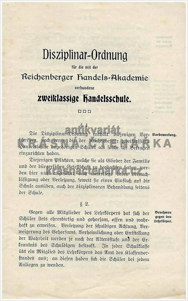 DISZIPLINAR-ORDUNG für die mit der Reichenberg Handels-Akademie verbundene zweiklassige Handelsschule LIBEREC