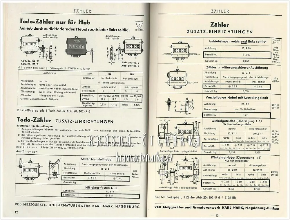 Katalog: ZÄHLER, TACHOMETER, ZUGKRAFT-MESSER