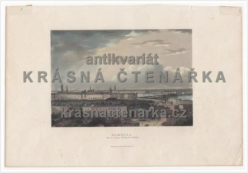 HAMBURG VON ST. GEORGS-THURM AUS GESEHEN (NĚMECKO)( kolorovaná ocelorytina)