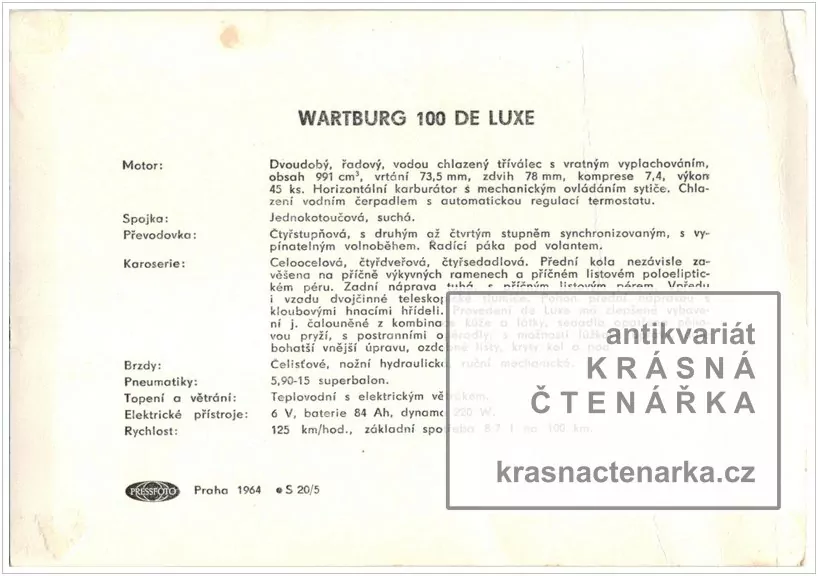 Osobní automobil WARTBURG 100 DE LUXE