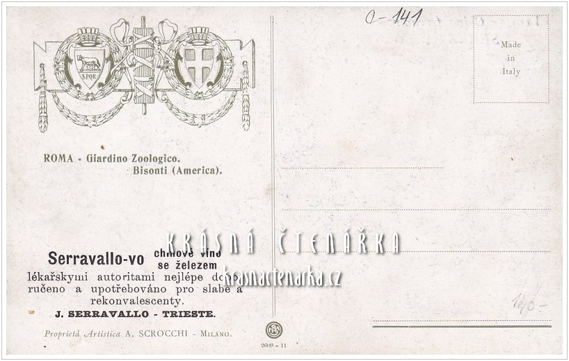 Reklamní pohlednice SERRAVALLO .... a hovězí dobytek