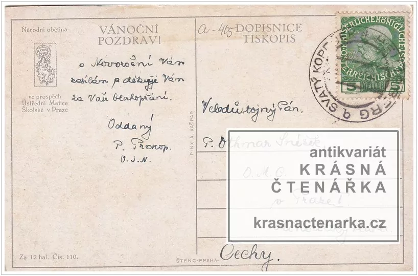 Přání VÁNOČNÍ či NOVOROČNÍ, Ústřední matice školská