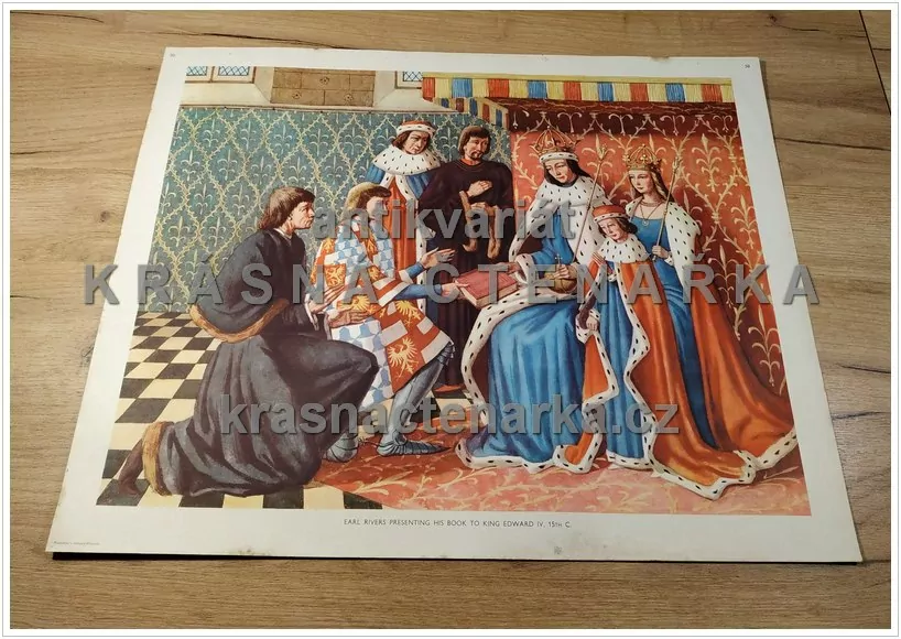 Macmillan's History Pictures: EARL RIVERS OBDAROVÁVÁ SVOU KNIHOU KRÁLE EDWARDA IV., 15. stol.