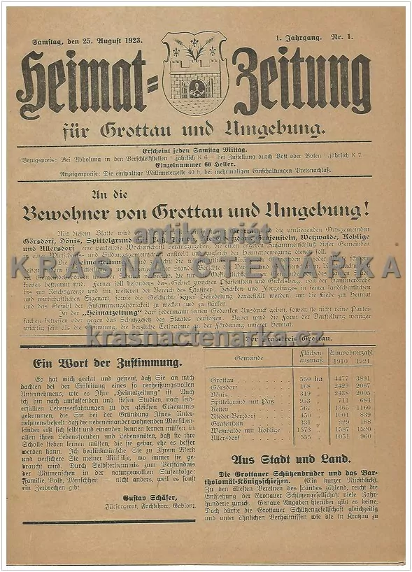 HEIMAT-ZEITUNG für Grottau und Umgebung 1923/1924, 1. ročník (Noviny Hrádek nad Nisou)