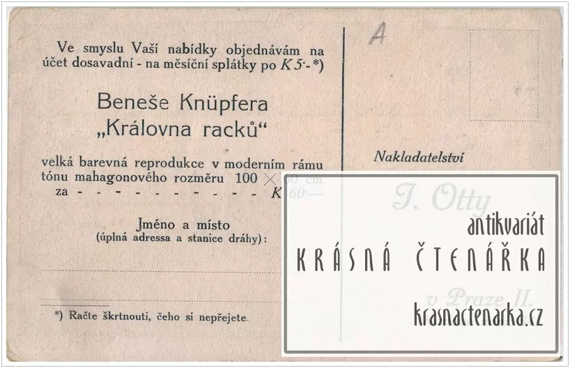 REKLAMNÍ pohlednice: Objednávka reprodukce obrazu Beneše Knüpfera "Královna racků"