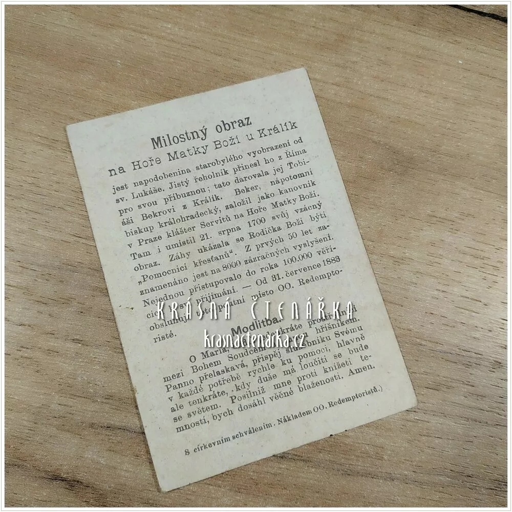 Náboženská ilustrace MILOSTNÝ OBRAZ NA HOŘE MATKY BOŽÍ U KRÁLÍK