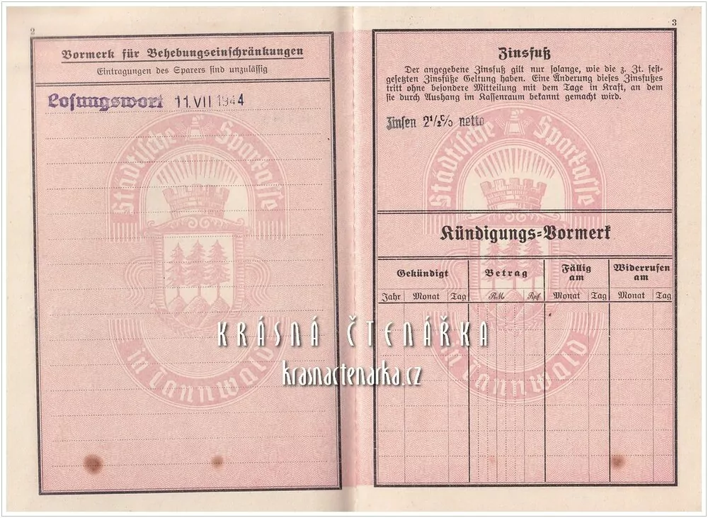 SPARKASSENBUCH der Städtischen Sparkasse in Tannwald (Tanvald)