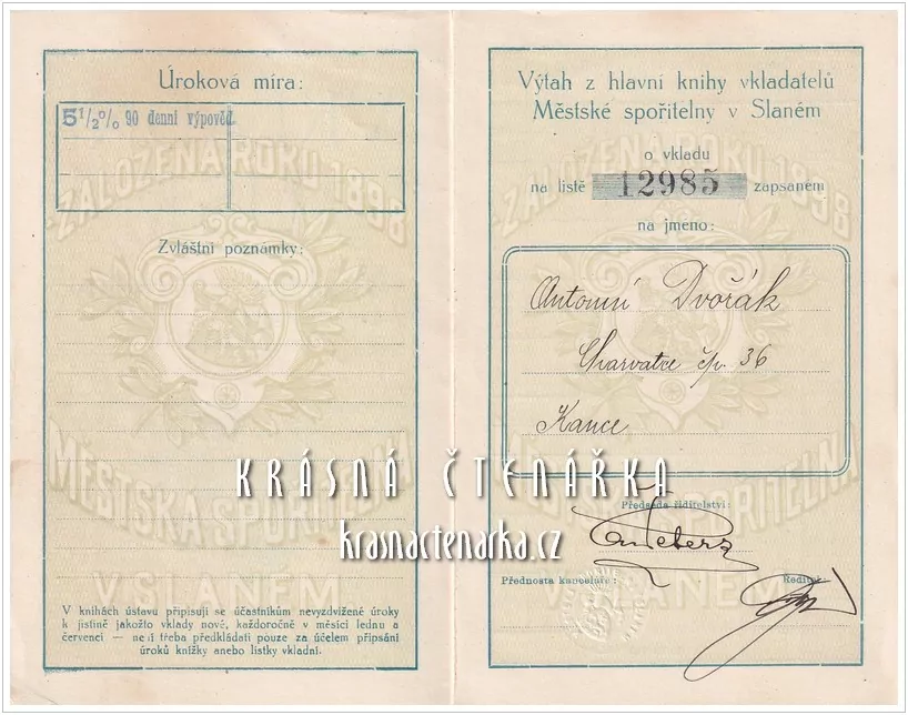 VKLADNÍ LIST Městké spořitelny, Slaný