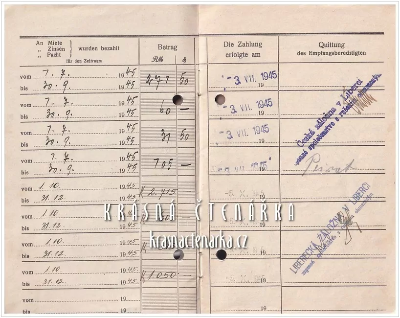 QUITTUNGSBUCH über Miete - Zinsen - Pacht, Liberecká záložna