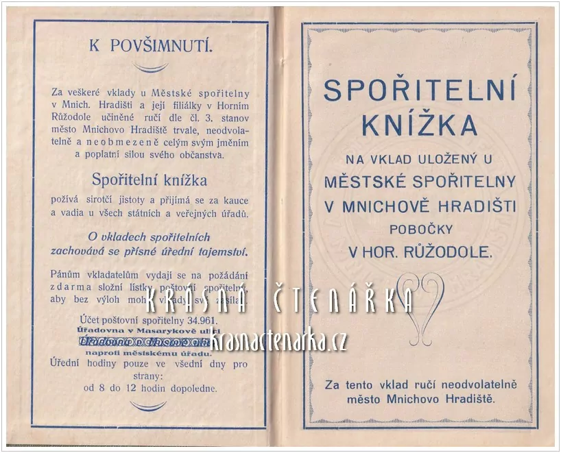 SPOŘITELNÍ KNÍŽKA, Městská spořitelna, Mnichovo Hradiště