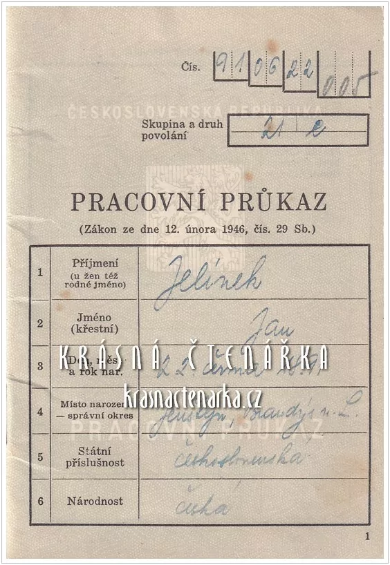 PRACOVNÍ PRŮKAZ, Československá republika