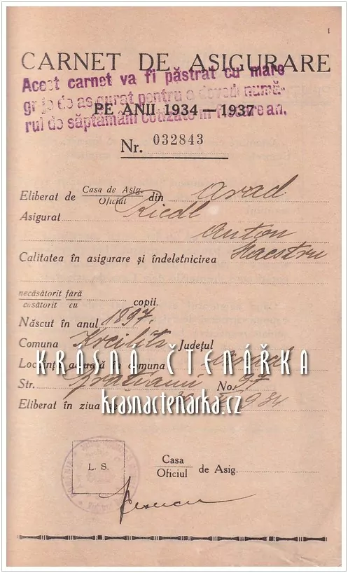 CARNET DE ASIGURARE pe Anii 1934-1937, Casa Centrala a Asigurarilor Sociale, Romania