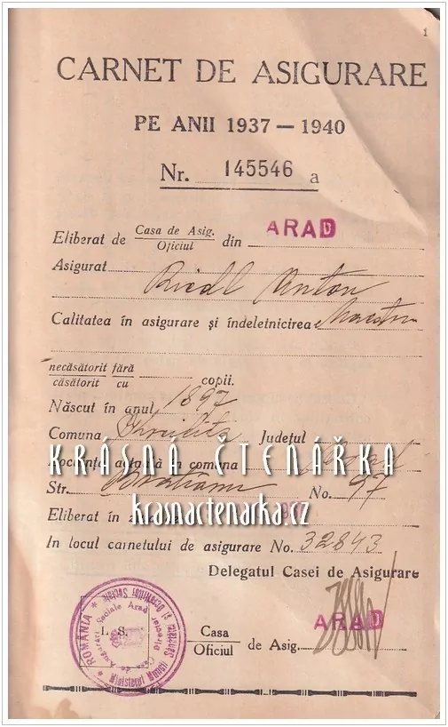 CARNET DE ASIGURARE pe Anii 1937-1940, Casa Centrala a Asigurarilor Sociale, Romania