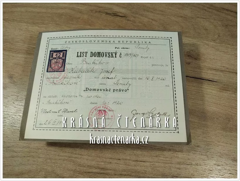 DOMOVSKÝ LIST získaný narozením po otci, Bratříkov