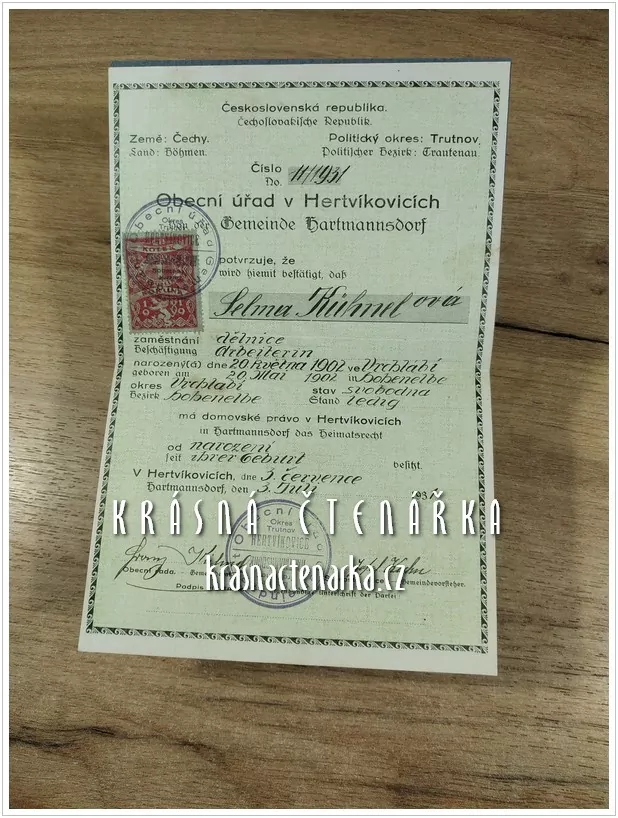 DOMOVSKÝ LIST získaný narozením v obci, Hertvíkovice