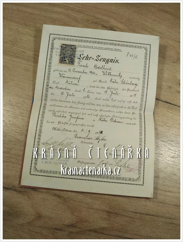 LEHR-ZEUGNIS / LIST VÝUČNÍ, Společenstvo řemeslných živností, modistka