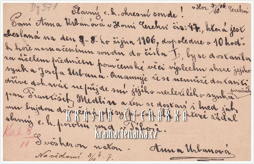 KORESPONDENČNÍ LÍSTEK, Zpráva okresnímu soudu v Počátkách, razítko JIHLAVA / POČÁTEK