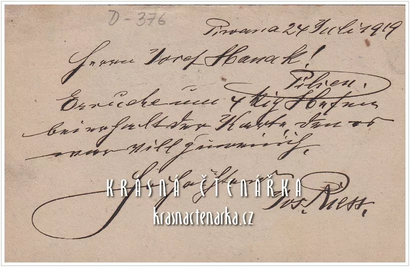 KORESPONDENČNÍ LÍSTEK, Objednávka droždí u fy. Josef Hanak, Plzeň