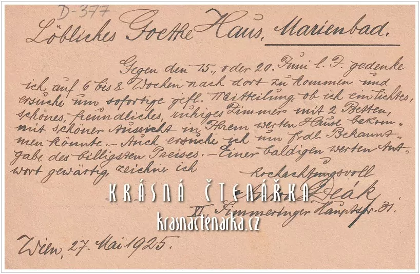 KORESPONDENČNÍ LÍSTEK, Objednávka hotelového pokoje v Mariánských Lázních, razítko WIEN