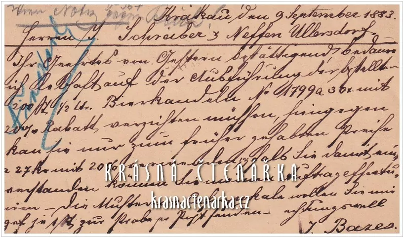 KORESPONDENČNÍ LÍSTEK pro pana Schreibera z Velkých Losin, 1883, razítko KRAKÓW