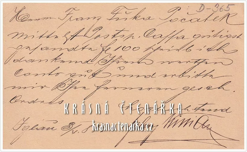 KORESPONDENČNÍ LÍSTEK, Objednávka pro pana Fršku z Počátek, 1888, razítko JIHLAVA / POČÁTEK