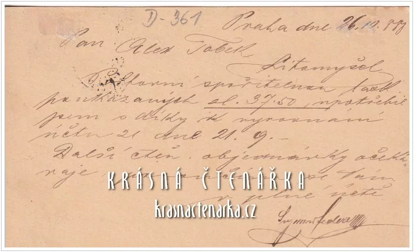 KORESPONDENČNÍ LÍSTEK pro pana Tobeka z Litomyšle z roku 1888, razítko PRAHA