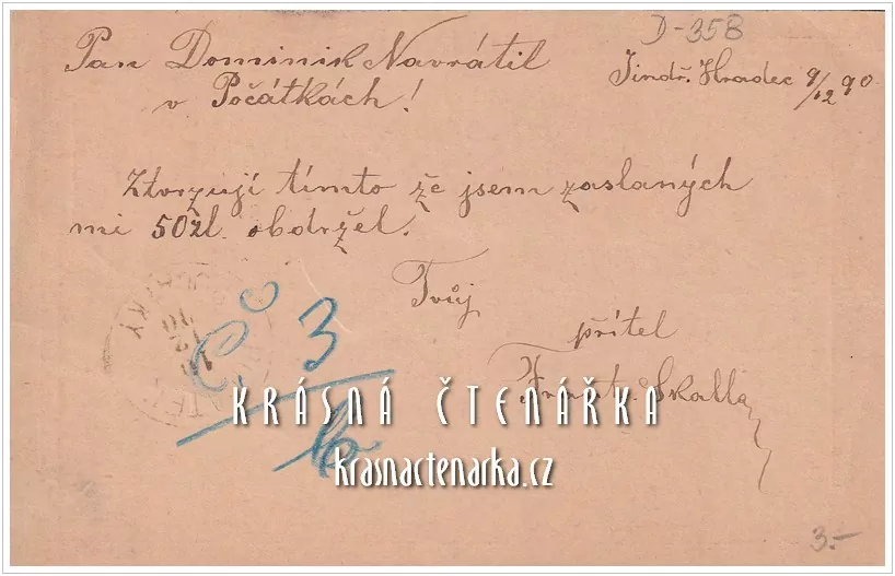 KORESPONDENČNÍ LÍSTEK, Oznámení o obdržení finanční částky z roku 1890, razítko JINDŘICHŮV HRADEC