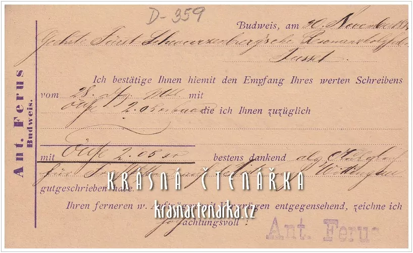 KORESPONDENČNÍ LÍSTEK, Finanční žádost z roku 1884, razítko WINTERBERG / KUSCHWARDA / BUDĚJOVICE