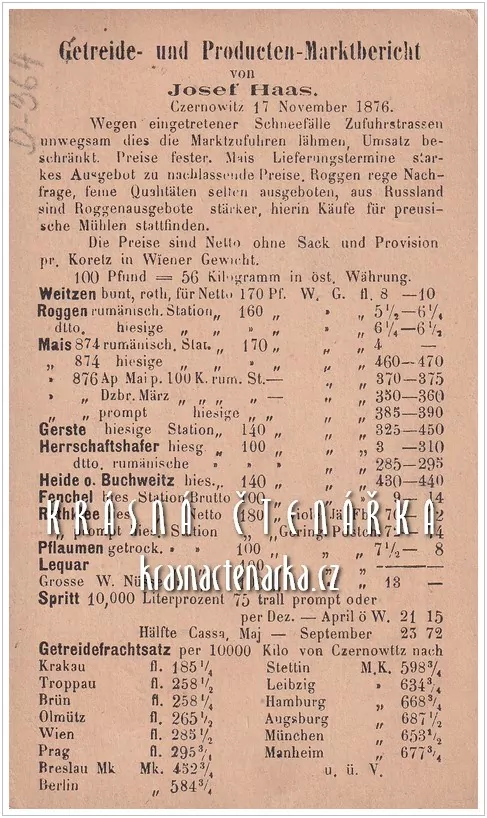 KORESPONDENČNÍ LÍSTEK, Obchodní nabídkový list z roku 1876, razítko PRAG / CZERNOWITZ