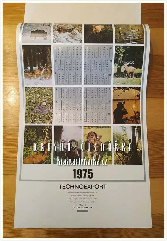 Nástěnný kalendář TECHNOEXPORT 1975 (myslivecký motiv)