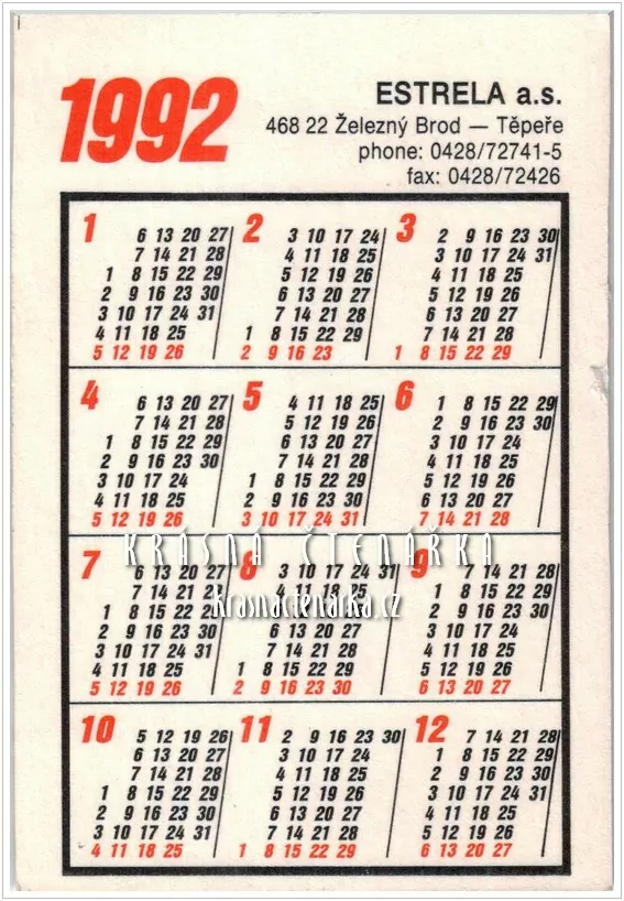 Kalendář kapesní: BIJOUX ESTRELA, Železný brod 1992
