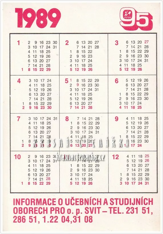 Kalendář kapesní: Odborový podnik SVIT, Gottwaldov 1989