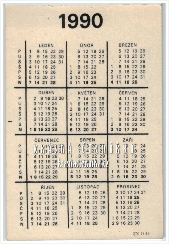 Kalendář kapesní: SBĚRNÉ SUROVINY 1990