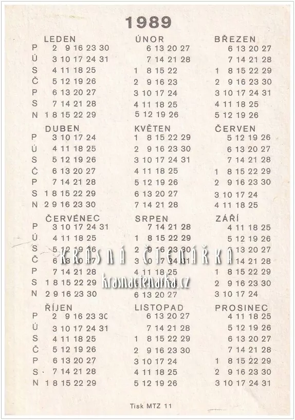Kalendář kapesní: TEXTILANA LIBEREC 1989