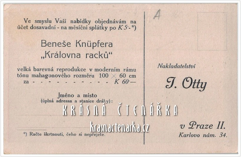 REKLAMNÍ pohlednice: Objednávka reprodukce obrazu Beneše Knüpfera "Královna racků"