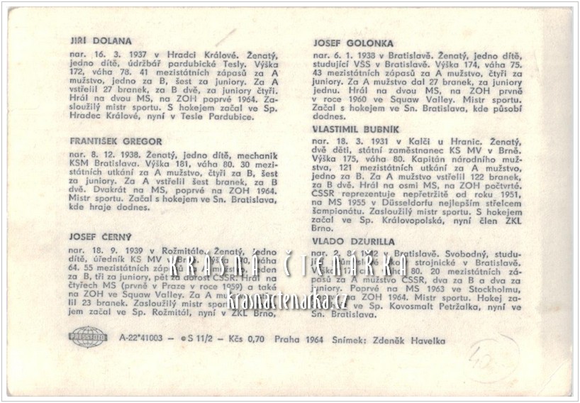 Hokejisté DOLANA, GREGOR, ČERNÝ, GOLONKA, BUBNÍK, DZURILLA