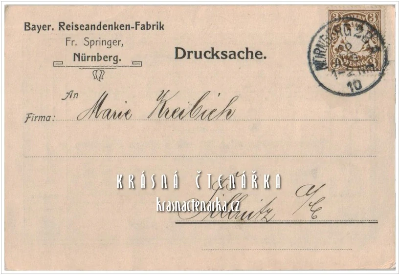 REKLAMNÍ pohlednice: BAYER. REISEANDENKEN-FABRIK, Fr. Springer, Nürnberg