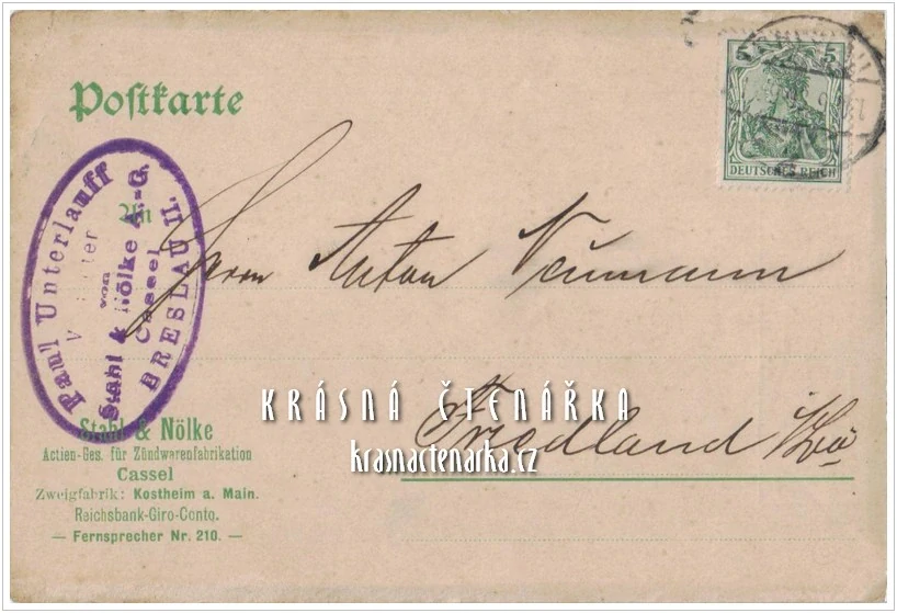 REKLAMNÍ lístek: STAHL & NÖLKE, Actien-Ges. für Zündwarenfabrikation, Cassel