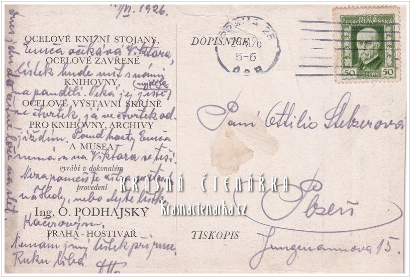 REKLAMNÍ pohlednice: OCELOVÉ KNIŽNÍ STOJANY, Ing. O. Podhajský, Praha