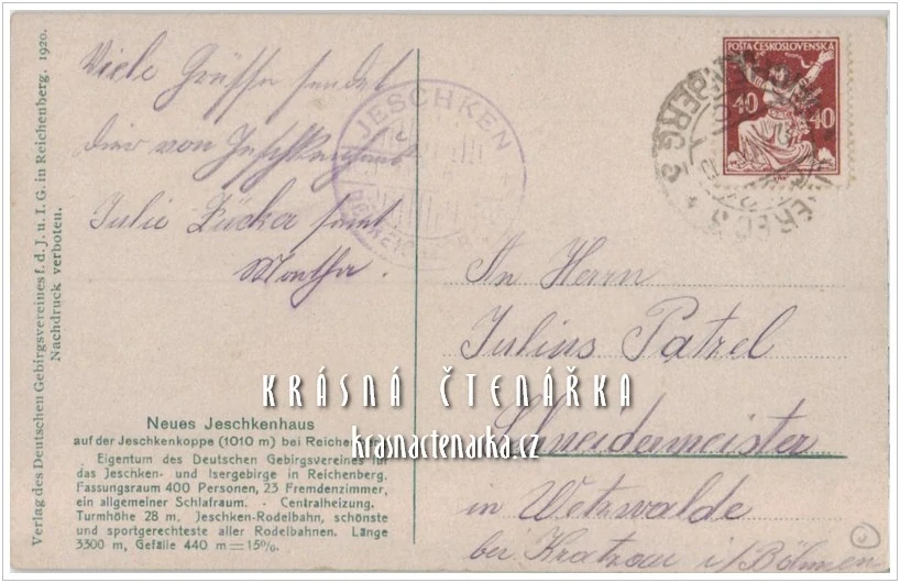 Hora JEŠTĚD a horský hotel (vydáno 1920)
