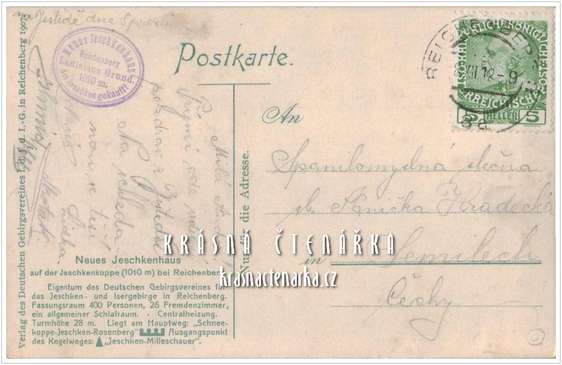 Hora JEŠTĚD a horský hotel v zimě (vydáno 1907)