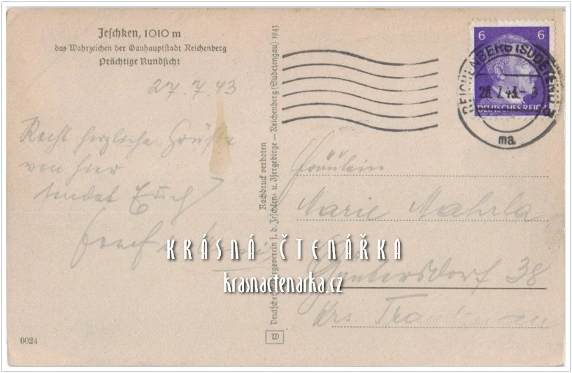 LIBEREC Hanychov a pohled na JEŠTĚD (vydáno 1943)