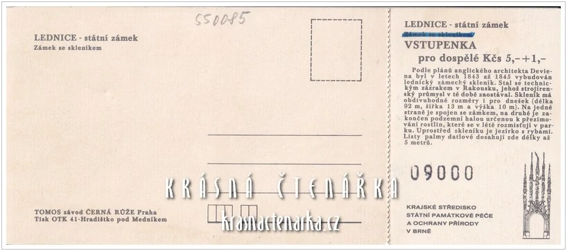 Zámek LEDNICE, pohlednice se vstupenkou