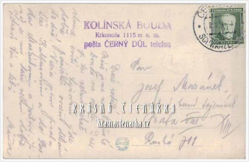 KRKONOŠE, Pohled na Sněžku a Studničnou, vydáno 1931