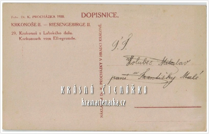 KRKONOŠE, Labský důl, vydáno 1920 (fot. K. Procházka)