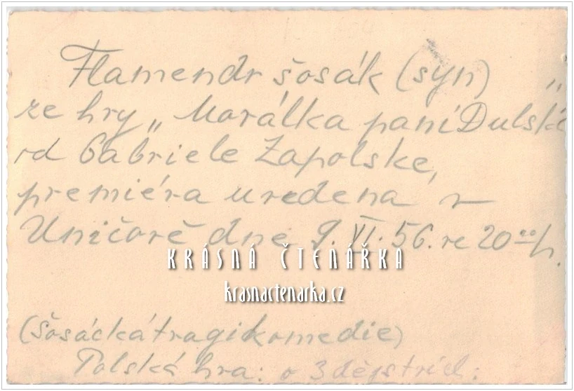 Foto z divadelní hry "Morálka paní Dulské", která byla uvedena v Uničově 9. 6. 1956 ve 20:00