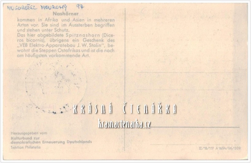 NOSOROŽEC, Poštovní známka Tierpark Berlin