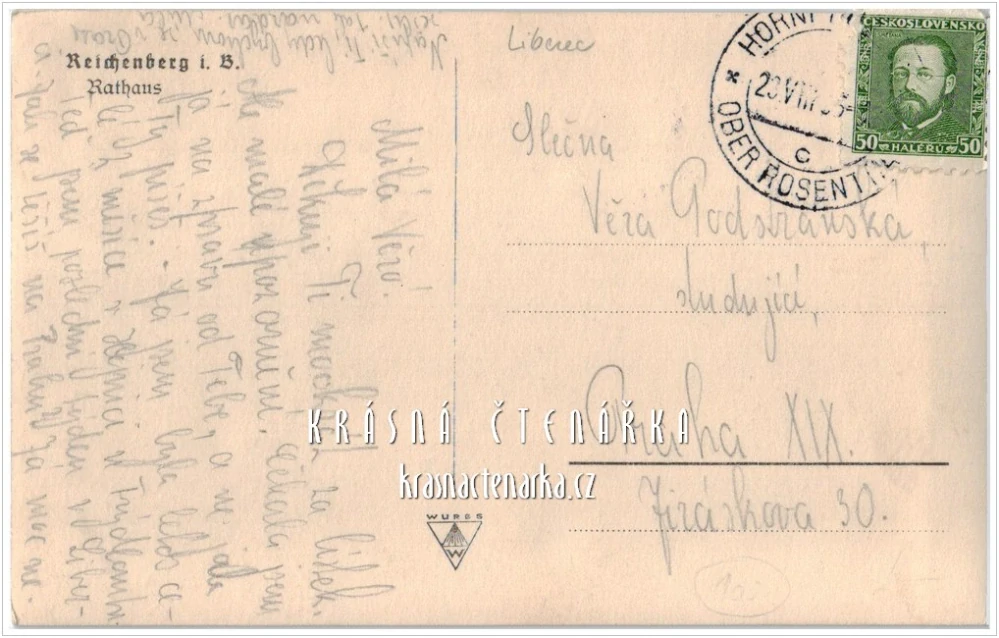 LIBEREC, Radnice a náměstí (Nakladatelství Gottfried Wurbs)